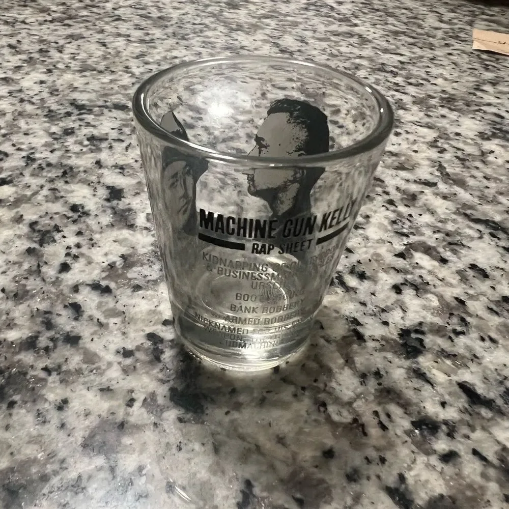 Machine Gun Kelly vintage rap sheet.  Black and Clear Shot Glass. Gangsters.